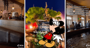 Guests enjoying a theme park ride, the iconic Pirates of the Caribbean sign in view, and Mickey Mouse caught in a hilarious moment of embarrassment—one of those memorable Disney World bloopers that every fan can relate to.