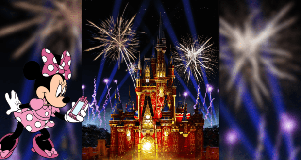 Minnie Mouse stands in front of Cinderella Castle, holding a present as dazzling fireworks burst overhead, setting the stage for the magical Happily Ever After nighttime spectacular.