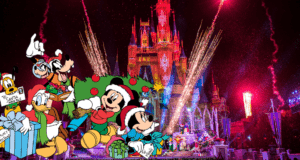 Mickey, Minnie, and their Disney pals don festive holiday attire as they gather with gifts in front of a sparkling castle illuminated by fireworks—capturing the enchanting spirit of the season and the excitement of magical deals during shopDisney’s Black Friday Sale.
