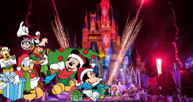 Mickey, Minnie, and their Disney pals don festive holiday attire as they gather with gifts in front of a sparkling castle illuminated by fireworks—capturing the enchanting spirit of the season and the excitement of magical deals during shopDisney’s Black Friday Sale.