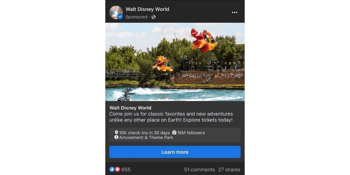 walt disney world facebook ad, showing a picture of kitetails