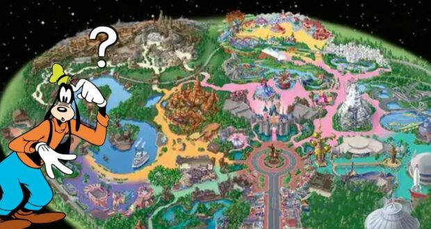 An image of Disneyland Park's map on a galaxy background and the character Goofy thinking with a question mark above his head