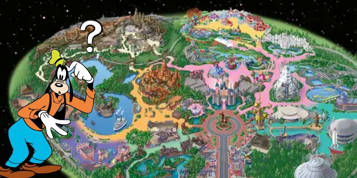 An image of Disneyland Park's map on a galaxy background and the character Goofy thinking with a question mark above his head