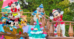 Mickey, Minnie, Chip, and Dale delight fans as they wave from a vibrant holiday float at Tokyo Disneyland; these classic Disney characters lead the magical Disney Christmas celebration, riding in a festive sleigh and spreading cheer to guests along the parade route.