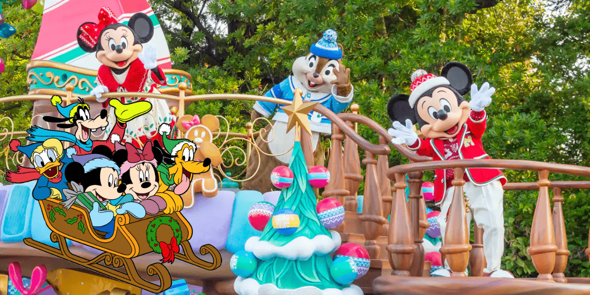 Mickey, Minnie, Chip, and Dale delight fans as they wave from a vibrant holiday float at Tokyo Disneyland; these classic Disney characters lead the magical Disney Christmas celebration, riding in a festive sleigh and spreading cheer to guests along the parade route.