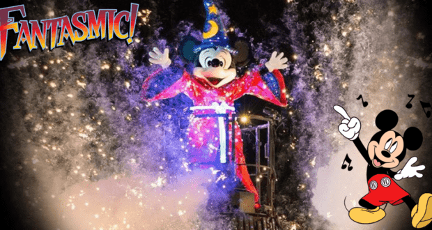 Mickey Mouse dons his iconic sorcerer’s costume in front of the Fantasmic! logo, surrounded by vibrant fireworks and whimsical musical notes, capturing the thrill and wonder of Disney World’s legendary nighttime spectacle—an irresistible scene for park guests anticipating the next Fantasmic! show.