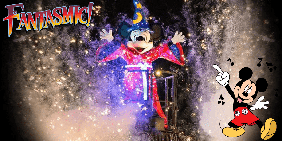 Mickey Mouse dons his iconic sorcerer’s costume in front of the Fantasmic! logo, surrounded by vibrant fireworks and whimsical musical notes, capturing the thrill and wonder of Disney World’s legendary nighttime spectacle—an irresistible scene for park guests anticipating the next Fantasmic! show.