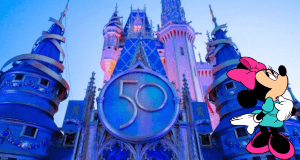 Join Minnie Mouse in front of the dazzling blue castle adorned with a giant "50" emblem, celebrating Walt Disney World's milestone anniversary—a perfect backdrop for fans and families to create unforgettable memories with a 1-day, 1-park ticket.