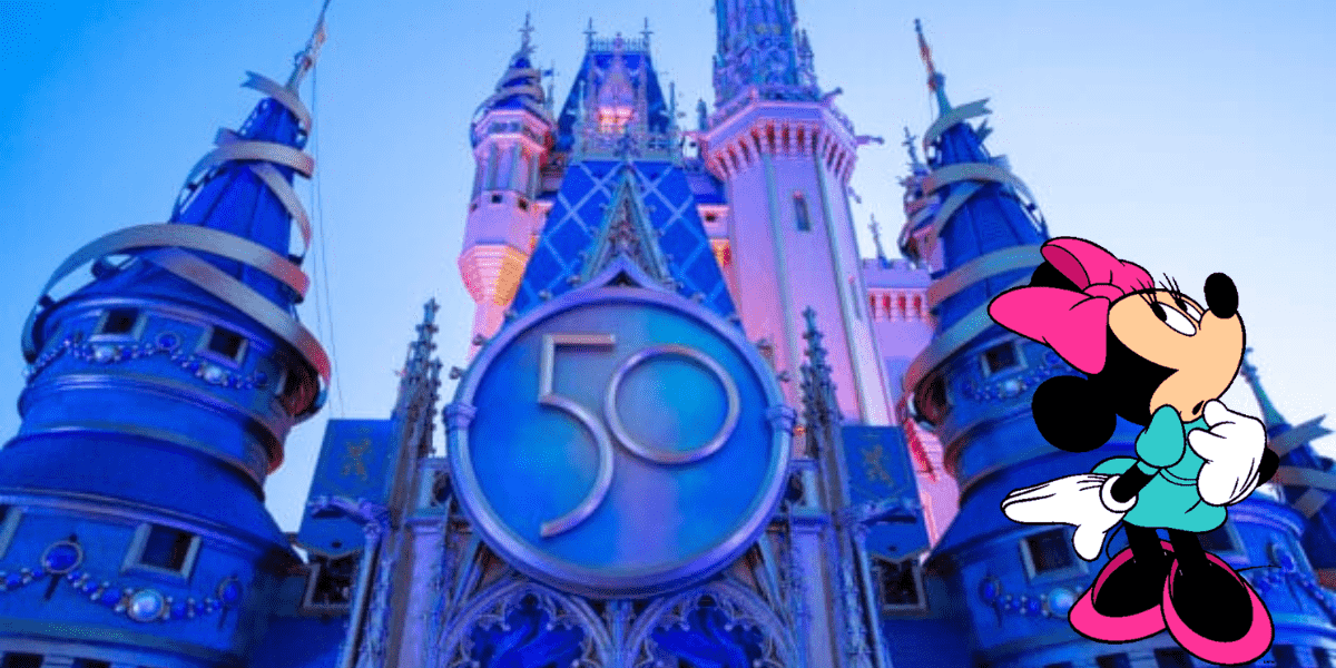 Join Minnie Mouse in front of the dazzling blue castle adorned with a giant "50" emblem, celebrating Walt Disney World's milestone anniversary—a perfect backdrop for fans and families to create unforgettable memories with a 1-day, 1-park ticket.
