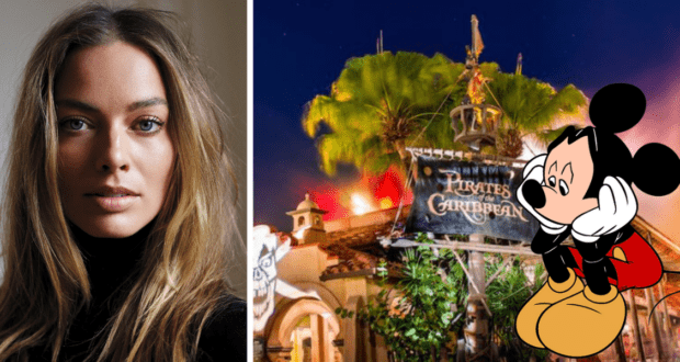 Mickey Mouse looks forlorn as he sits near the entrance to Pirates of the Caribbean at Disney World, while a woman gazes ahead under the night sky, setting a cinematic scene reminiscent of Margot Robbie’s Pirates adventure.