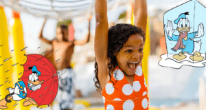 A joyful young guest explores themed playground equipment alongside Donald Duck, who appears whimsically frozen in an ice block and sheltering under an umbrella, capturing the playful spirit of Blizzard Beach Water Park.