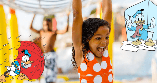 A joyful young guest explores themed playground equipment alongside Donald Duck, who appears whimsically frozen in an ice block and sheltering under an umbrella, capturing the playful spirit of Blizzard Beach Water Park.