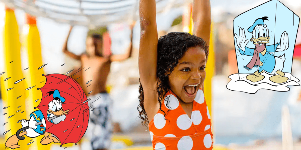 A joyful young guest explores themed playground equipment alongside Donald Duck, who appears whimsically frozen in an ice block and sheltering under an umbrella, capturing the playful spirit of Blizzard Beach Water Park.