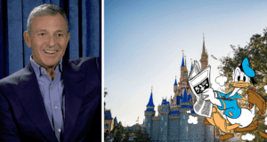 A cheerful executive in business attire stands beside Donald Duck, who’s shown enjoying a newspaper in front of a fairy tale castle, while eye-catching headlines buzz about the possibility of Apple acquiring Disney.
