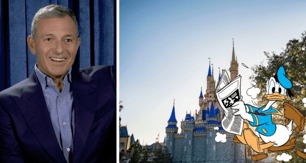 A cheerful executive in business attire stands beside Donald Duck, who’s shown enjoying a newspaper in front of a fairy tale castle, while eye-catching headlines buzz about the possibility of Apple acquiring Disney.