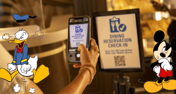 Donald Duck laughs while Mickey Mouse frowns near a Disney dining reservations check-in sign, as a guest holds up their phone to manage their plans.