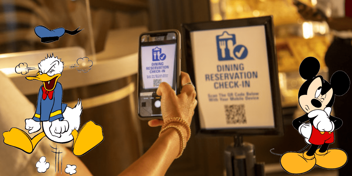 Donald Duck laughs while Mickey Mouse frowns near a Disney dining reservations check-in sign, as a guest holds up their phone to manage their plans.