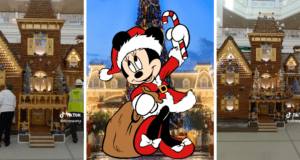 The iconic Grand Floridian gingerbread house taking shape with skilled cast members at work, as Minnie Mouse dressed in her festive Santa outfit greets guests and poses with a candy cane.