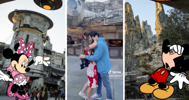 A romantic moment at Star Wars: Galaxy’s Edge as a couple shares a hug, Minnie Mouse applauds their love, and Mickey Mouse dramatically faints with excitement. Towering Batuu spires complete the fairytale proposal experience, merging Disney character fun with intergalactic adventure.