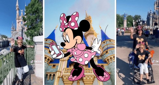 Two women enjoy a magical moment with Minnie Mouse in front of Cinderella Castle at Disney World, one woman smiling from her wheelchair as they capture the magic together.