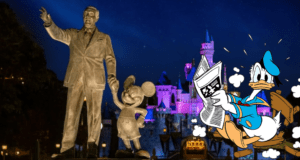 Donald Duck looks frustrated as he reads a newspaper next to the iconic Mickey and Walt Disney statue at Disneyland Resort, his expression suggesting displeasure over recent Magic Key annual pass news during a nighttime visit.