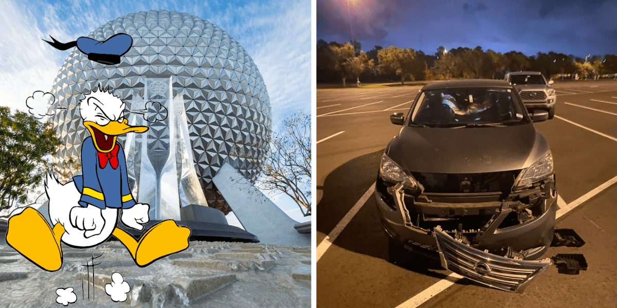 featured image, angry donald, epcot, wrecked car