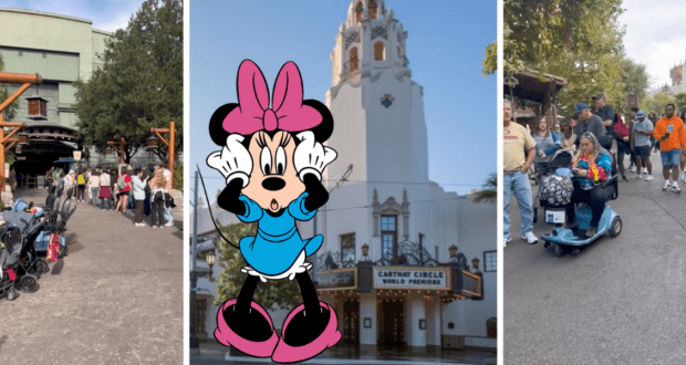 Three lively scenes at Disneyland showcase Minnie Mouse with a surprised expression in front of the iconic white theater building, capturing the thrill and energy fans feel when exploring the park—almost rivaling the excitement of zipping through top attractions with a Soarin’ Lightning Lane.