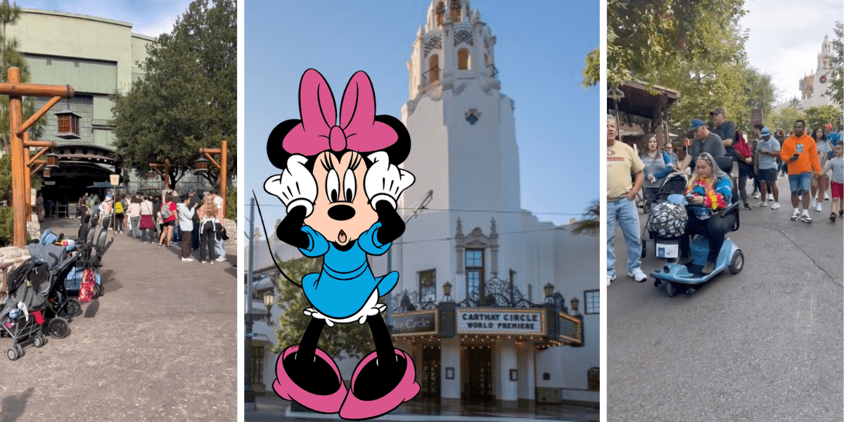 Three lively scenes at Disneyland showcase Minnie Mouse with a surprised expression in front of the iconic white theater building, capturing the thrill and energy fans feel when exploring the park—almost rivaling the excitement of zipping through top attractions with a Soarin’ Lightning Lane.