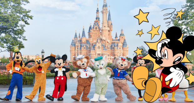 Mickey Mouse appears a bit dizzy, cartoon stars swirling above his head, as he joins other beloved Disney characters posing in front of the iconic castle at Shanghai Disneyland.