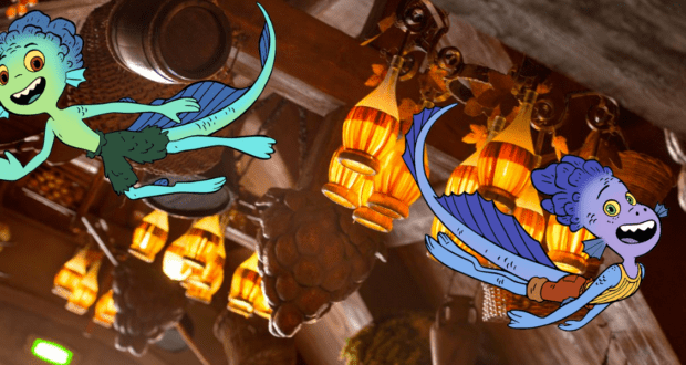 Smiling animated sea creatures appear in front of glowing lanterns and charming, rustic details inspired by Bella Notte, bringing the magical ambiance of Luca’s beloved Italian pizzeria to life just like a themed restaurant experience at a Disney Park.