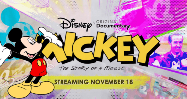 Mickey Mouse waves cheerfully amid vibrant lettering announcing: "Mickey: The Story of a Mouse. Streaming November 18." Fans of Disney magic are invited to relive Mickey’s legendary adventures—stream the story behind the icon this November.