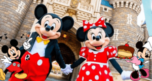 Mickey and Minnie Mouse hold hands in front of the iconic Disney castle, celebrating a magical Mickey Mouse birthday at the park, as cheerful cartoon Mickeys sing festive tunes and serve slices of birthday cake to delighted guests.