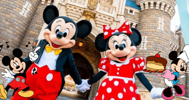 Mickey and Minnie Mouse hold hands in front of the iconic Disney castle, celebrating a magical Mickey Mouse birthday at the park, as cheerful cartoon Mickeys sing festive tunes and serve slices of birthday cake to delighted guests.