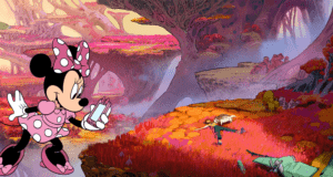 Minnie Mouse takes a selfie with her phone as she explores a whimsical, colorful Disney landscape, surrounded by fantastical plants and an onlooker relaxing nearby.