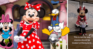 Minnie Mouse greets guests at Disneyland, joined by animated friends Minnie and Donald Duck, as a TikTok overlay captures the hilarious moment when Minnie playfully refuses hug requests.