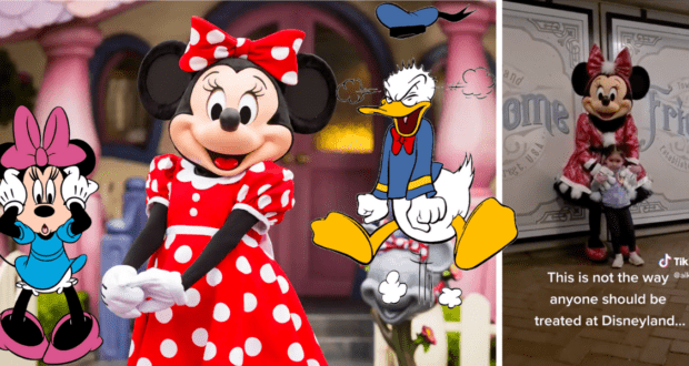 Minnie Mouse greets guests at Disneyland, joined by animated friends Minnie and Donald Duck, as a TikTok overlay captures the hilarious moment when Minnie playfully refuses hug requests.