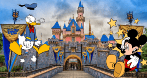 Mickey Mouse and Donald Duck greet visitors in front of a fairytale castle adorned with blue rooftops and yellow banners, holding their magic key pass to welcome fans into the heart of the Disney park experience.