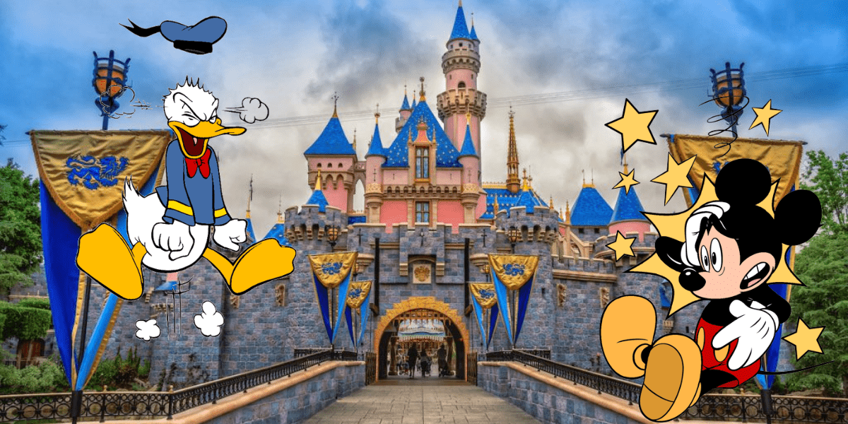 Mickey Mouse and Donald Duck greet visitors in front of a fairytale castle adorned with blue rooftops and yellow banners, holding their magic key pass to welcome fans into the heart of the Disney park experience.