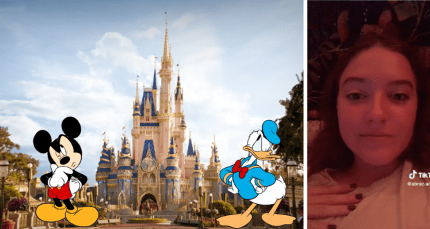 Mickey Mouse and Donald Duck pose in front of Cinderella Castle; a guest appears in a TikTok video, hand on her chest, as a Disney cast member nearby urgently asks for assistance.