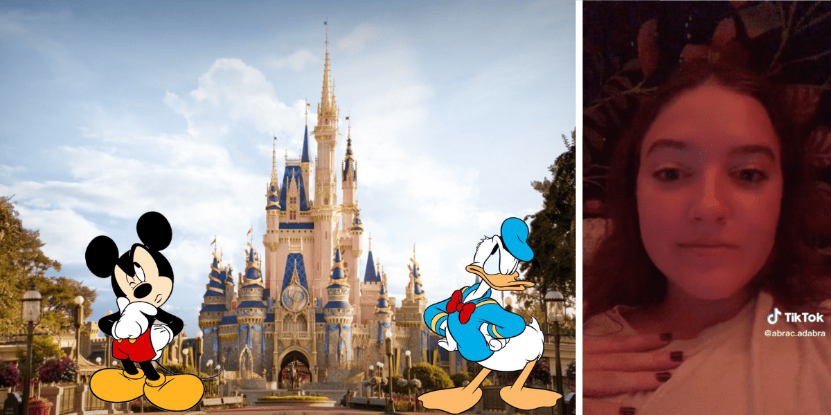 Mickey Mouse and Donald Duck pose in front of Cinderella Castle; a guest appears in a TikTok video, hand on her chest, as a Disney cast member nearby urgently asks for assistance.