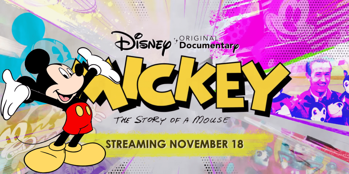 Mickey Mouse waves cheerfully amid vibrant lettering announcing: "Mickey: The Story of a Mouse. Streaming November 18." Fans of Disney magic are invited to relive Mickey’s legendary adventures—stream the story behind the icon this November.