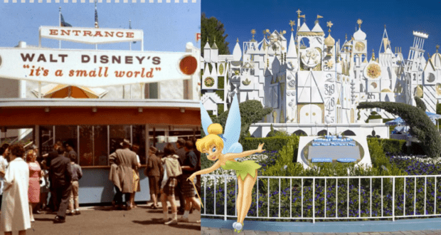 Split image: On the left, the classic "it's a small world" entrance captures the nostalgic magic of Disney's World's Fair era; on the right, Tinker Bell sparkles in front of the iconic white facade of the beloved Disneyland attraction.