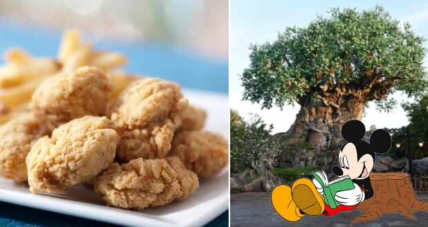 A plate of golden chicken nuggets and crispy fries from the Restaurantosaurus Kids' menu, with Mickey Mouse enjoying a story under the majestic Tree of Life at Disney’s Animal Kingdom in the background.
