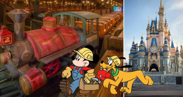 Mickey Mouse and Pluto, equipped with tools, get ready for adventure at Disney World, featuring a whimsical train ride and the iconic Cinderella Castle in the background—looks like preparations are underway for the Big Thunder Mountain Railroad refurbishment!.