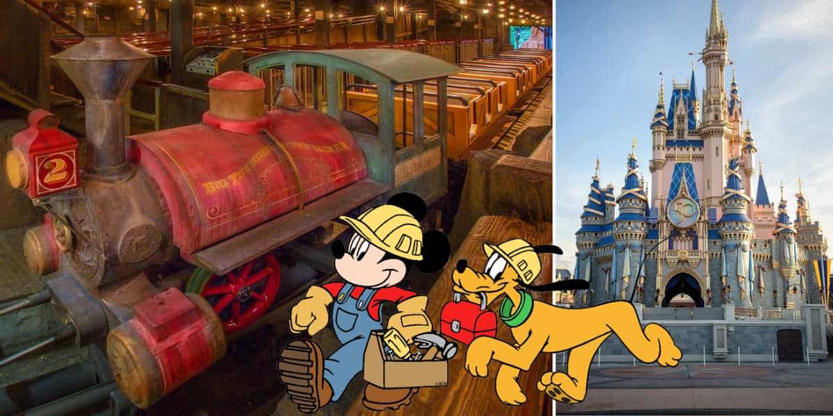 Mickey Mouse and Pluto, equipped with tools, get ready for adventure at Disney World, featuring a whimsical train ride and the iconic Cinderella Castle in the background—looks like preparations are underway for the Big Thunder Mountain Railroad refurbishment!.