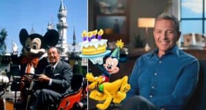 Walt Disney beams with joy as he celebrates his birthday at Disneyland, posing next to a whimsical cartoon cake surrounded by festive Mickey Mouse and Pluto decorations.