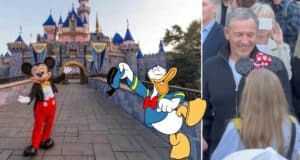 Mickey Mouse and Donald Duck bring Disney magic to Disneyland as a man warmly greets a girl in Minnie Mouse ears, with an excited crowd gathered nearby—a scene that captures the enchanting atmosphere fostered by Bob Iger’s leadership.