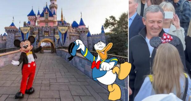 Mickey Mouse and Donald Duck bring Disney magic to Disneyland as a man warmly greets a girl in Minnie Mouse ears, with an excited crowd gathered nearby—a scene that captures the enchanting atmosphere fostered by Bob Iger’s leadership.