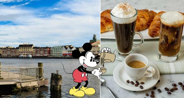 Mickey Mouse explores the waterfront at Disney World with a map in hand, while nearby, guests can enjoy coffee, pastries, and croissants from the Carousel Coffee Menu set out on a table.