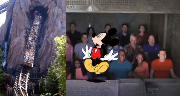 Thrill-seekers plunge down a steep Disney World roller coaster as friends scream with delight on another ride, while a surprised Mickey Mouse illustration captures the electrifying excitement of the park's legendary coasters.